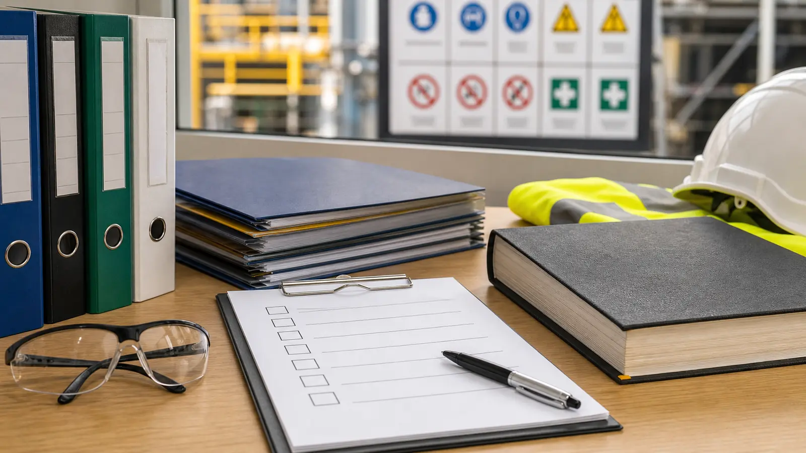 Checklist přípravy na kontrolu inspektorátu práce – revizní zprávy, hodnocení rizik a kniha úrazů srovnané ve složkách