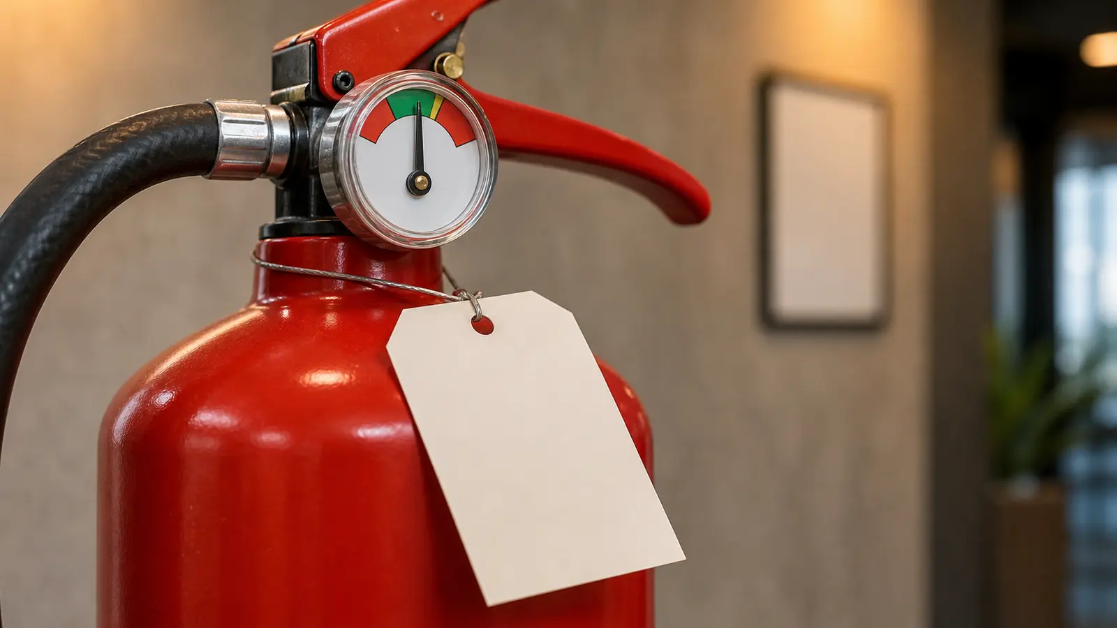 Detail des Manometers eines Feuerlöschers mit Zeiger im grünen Bereich und leerer Prüfplakette