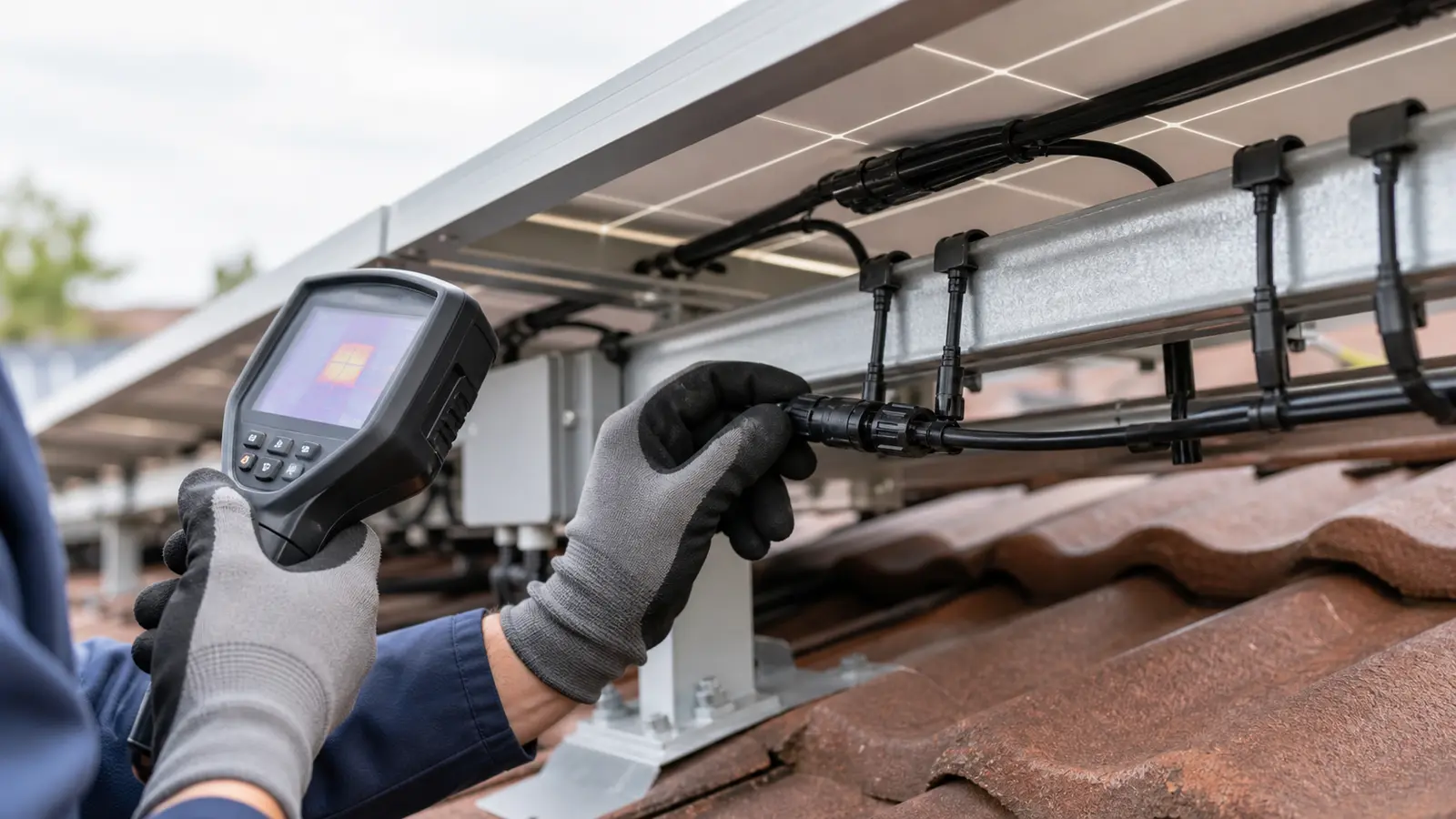 Rooftop photovoltaic panels and DC side cabling, which remains live even after the inverter is switched off