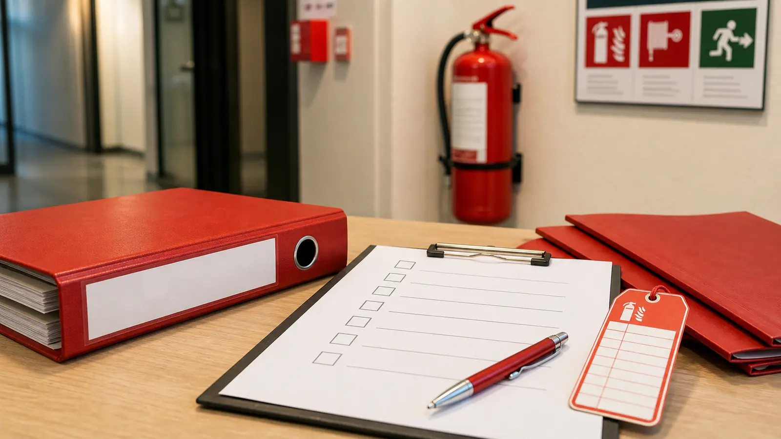 Elemente des Brandschutzes im Unternehmen – Feuerlöscher mit Prüfplakette, gekennzeichneter Fluchtweg und Brandschutzbuch