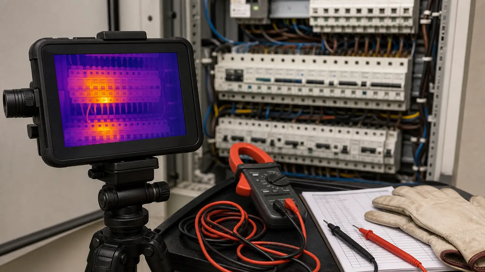Thermographic inspection of a switchboard and measuring instruments ready for inspection